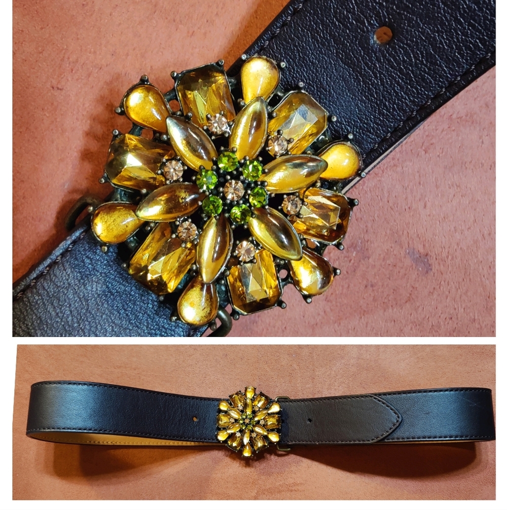 Talbots Brown Leather Belt with Gold Yellow Rhinestone Buckle, Size S